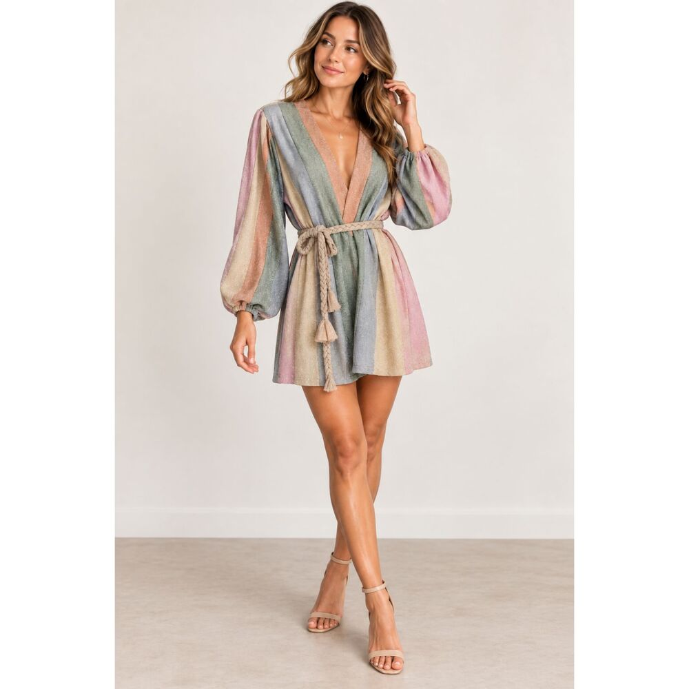 Aura Women's Metallic Rainbow Stripe Belted Mini Dress Size S
